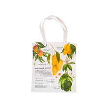 Load image into Gallery viewer, A white canvas tote bag featuring a botanical illustration of yellow mangoes, green mangoes, and leaves, with printed text on a clean white background.
